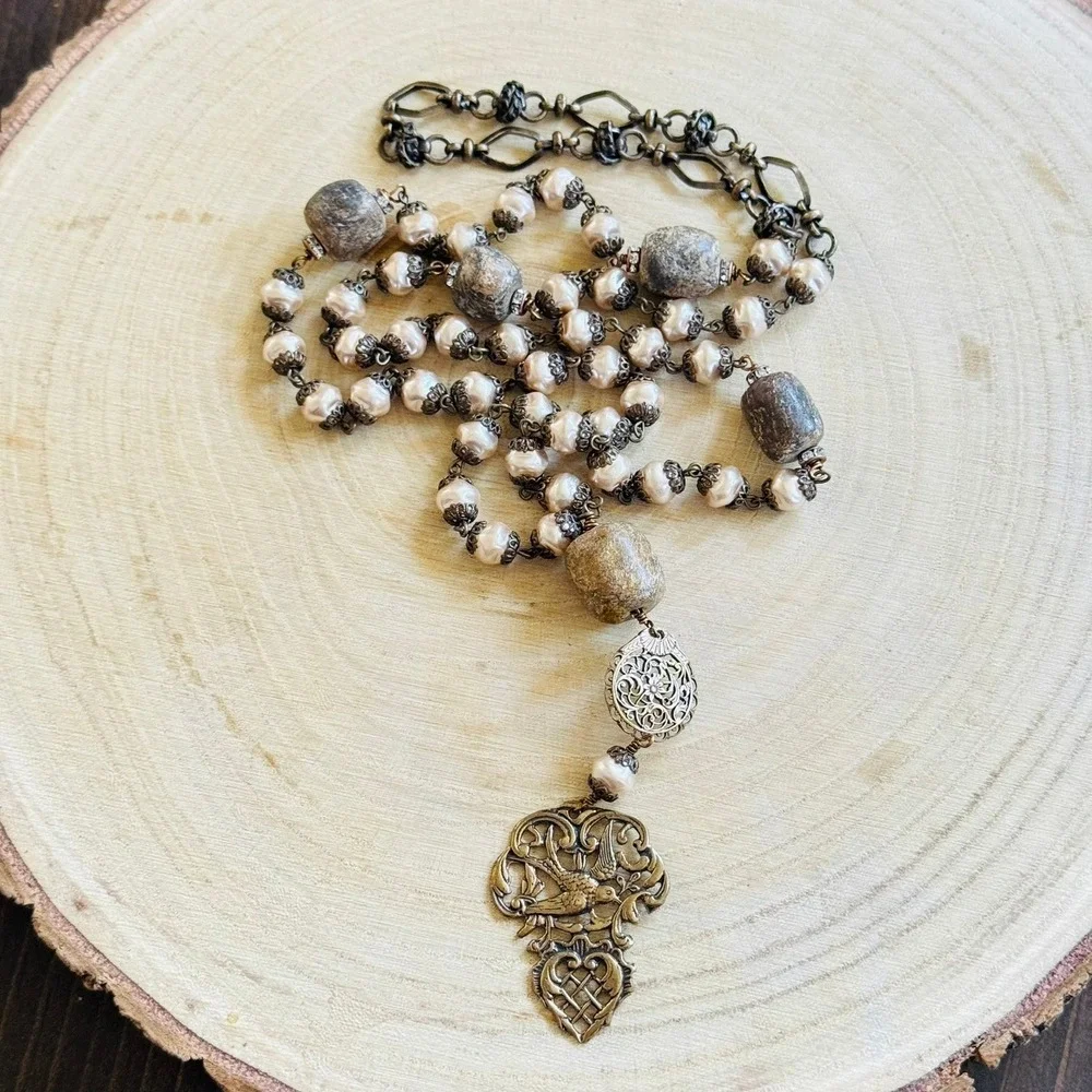 Regency style Baroque pearl Bird Necklace VTG‎ long beaded filigree bronze 35